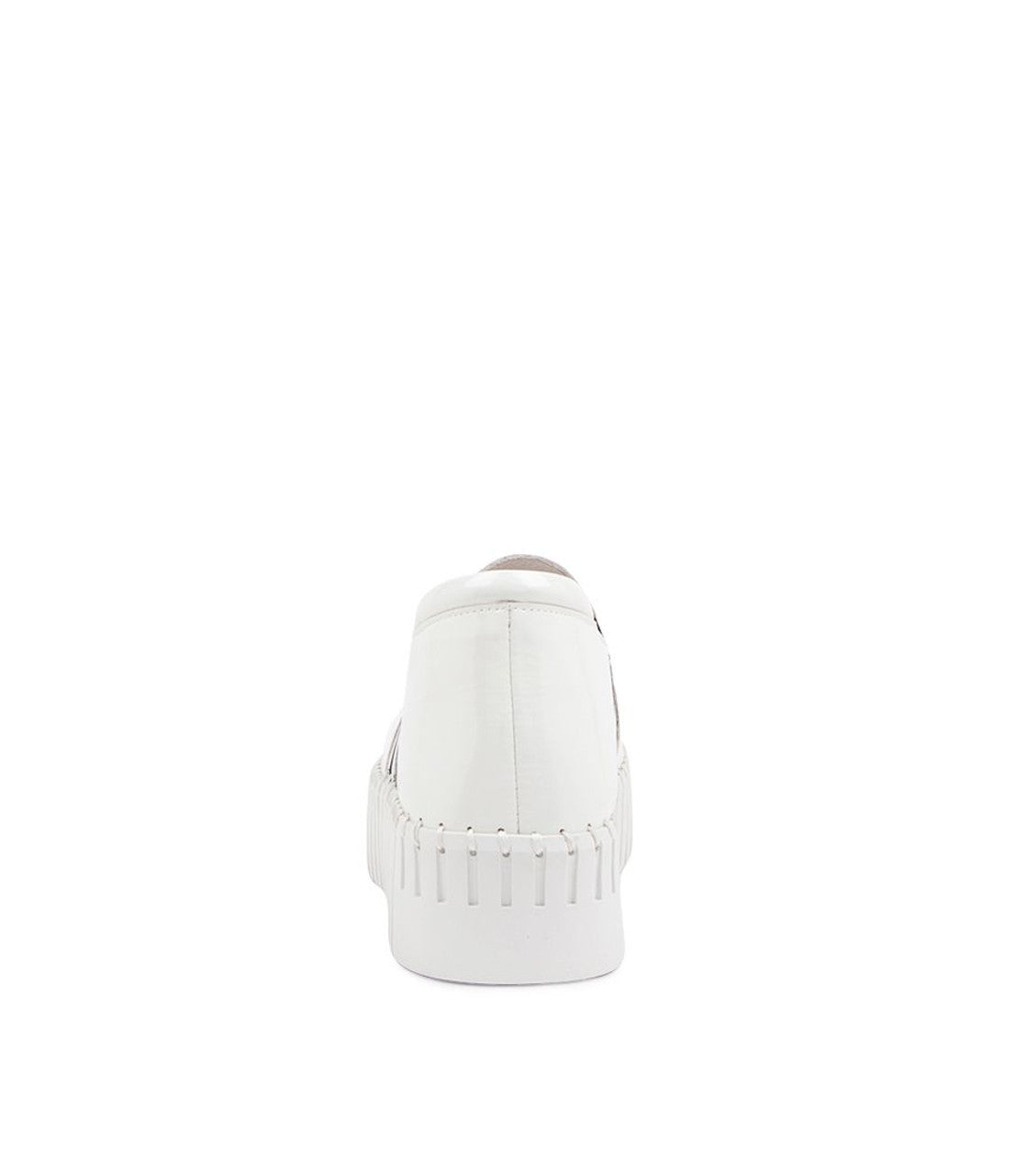 DJANGO & JULITTE BECCA-DJ white patent leather slip-on sneakers with black striped elastic gussets. Photo of back view.