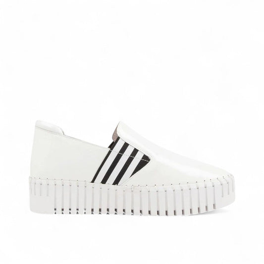 DJANGO & JULITTE BECCA-DJ white patent leather slip-on sneakers with black striped elastic gussets. Photo of right side view.