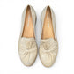 DJANGO & JULIETTE almond leather platform loafers with a low foam wedge and slip-on design. Photo of upper view.