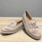 DJANGO & JULIETTE almond leather platform loafers with a low foam wedge and slip-on design. Photo of front view.