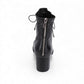 Django & Juliette Valina black leather ankle boots with patent toe, block heel, and lace-up detail. Photo of back view.