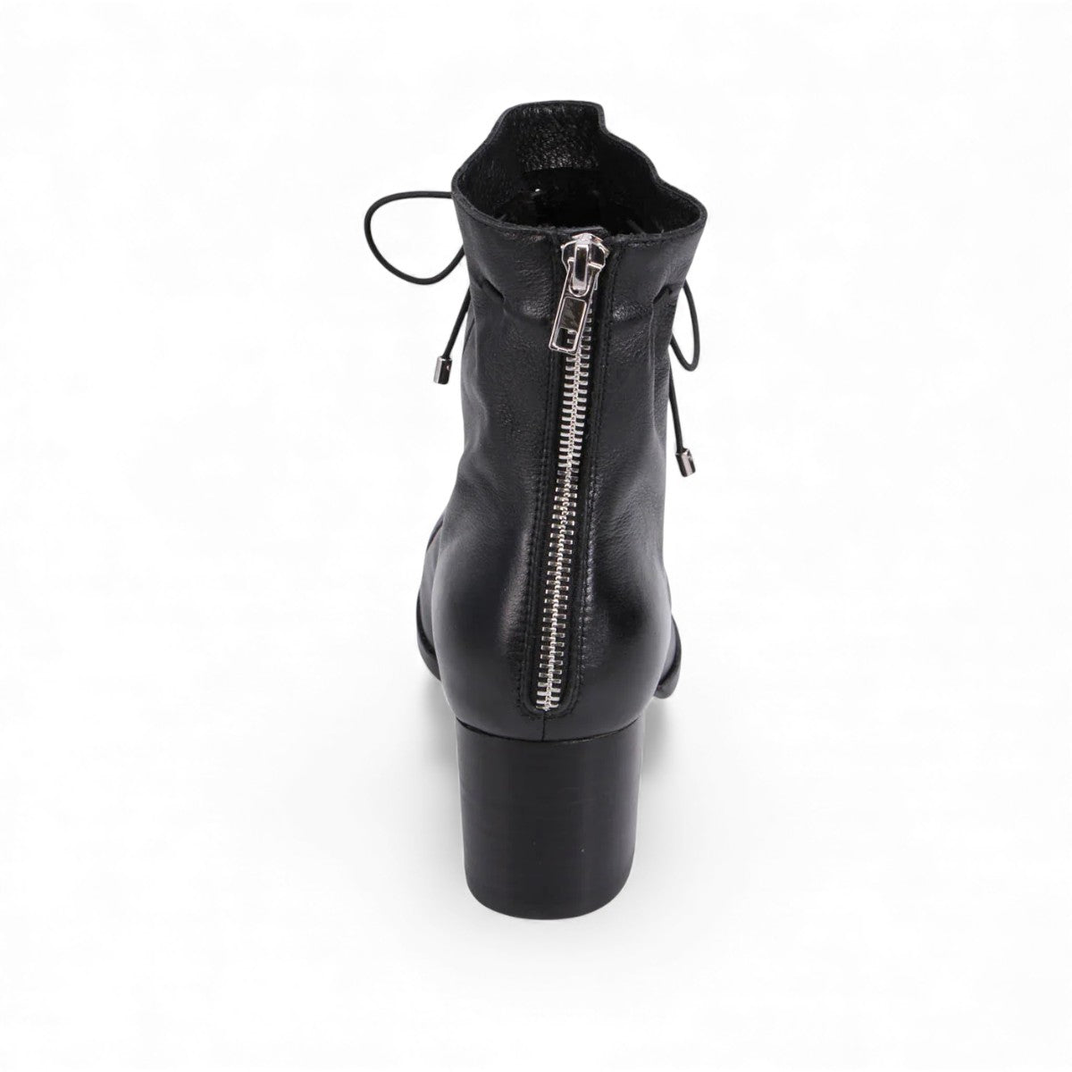Django & Juliette Valina black leather ankle boots with patent toe, block heel, and lace-up detail. Photo of back view.