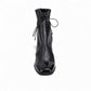 Django & Juliette Valina black leather ankle boots with patent toe, block heel, and lace-up detail. Photo of upper view.