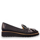 DJANGO & JULIETTE black leather platform loafers with a sporty rubber wedge sole and bow detail. Photo of right side view.