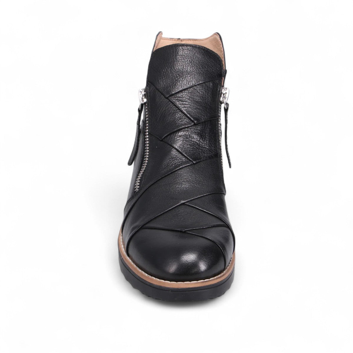DJANGO & JULIETTE black leather high-top ankle boots with twin-zip fastening and wedge sneaker sole. Photo of front view.