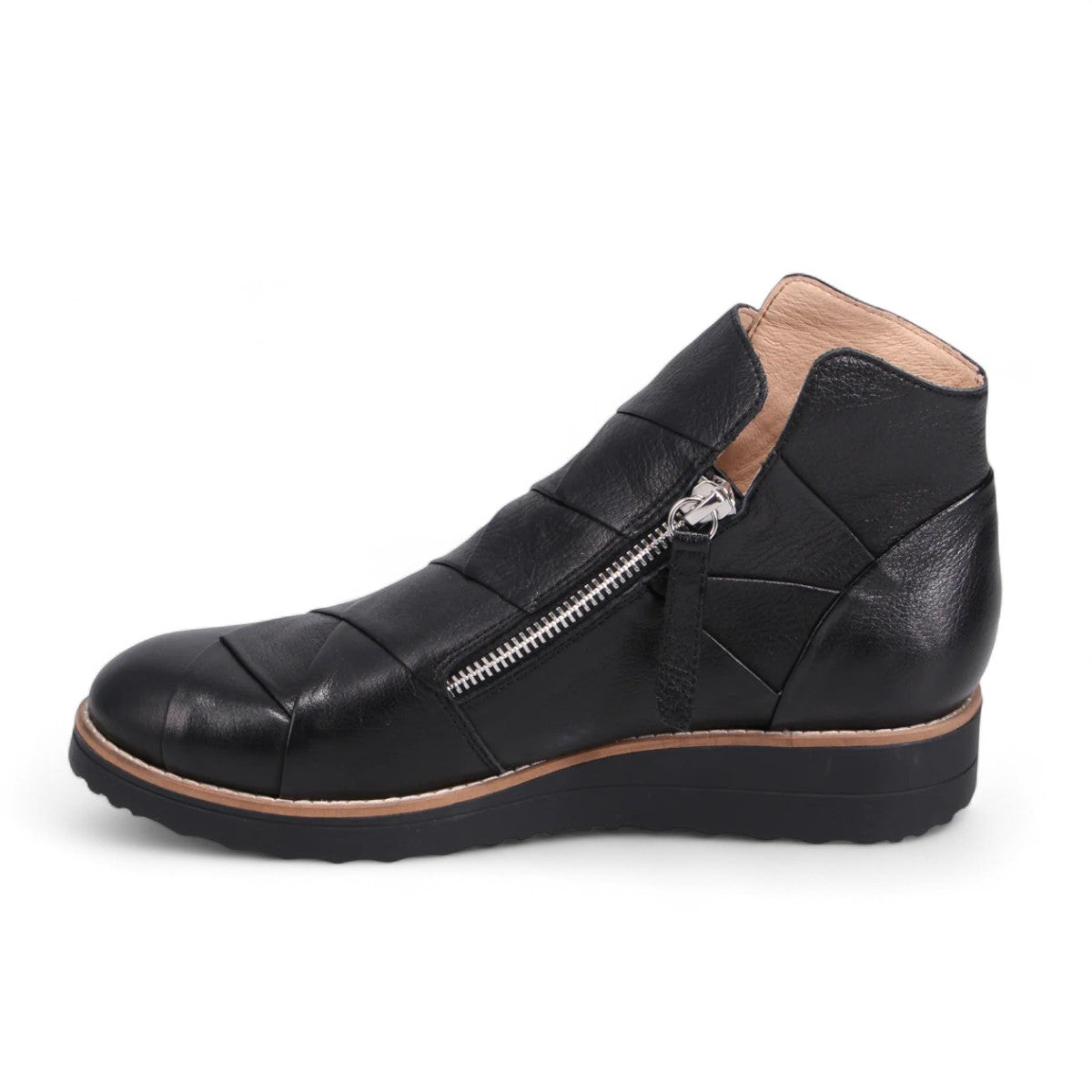 DJANGO & JULIETTE black leather high-top ankle boots with twin-zip fastening and wedge sneaker sole. Photo of left side view.