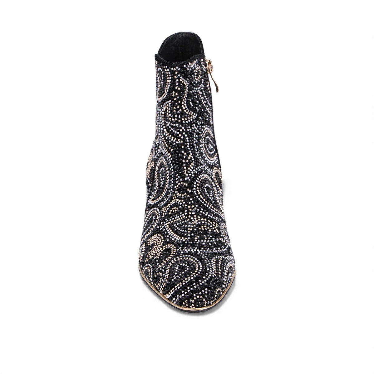 Django & Juliette black suede ankle boots with rhinestone paisley patterns and metallic block heels. Photo of upper view.