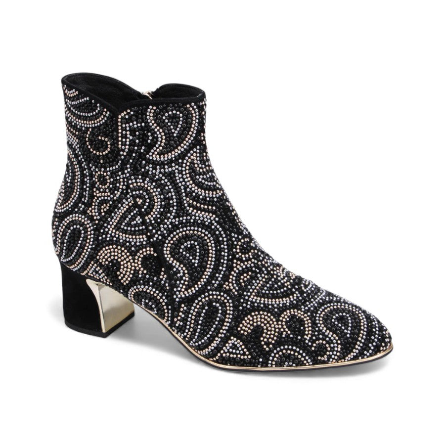 Django & Juliette black suede ankle boots with rhinestone paisley patterns and metallic block heels. Photo of front side view.