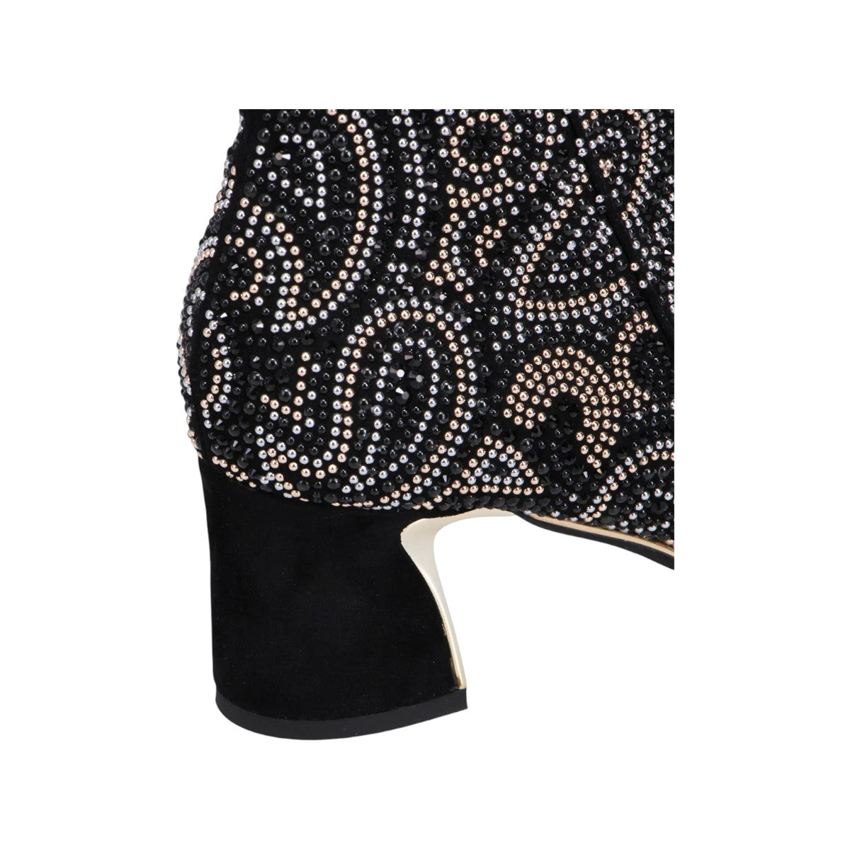 Django & Juliette black suede ankle boots with rhinestone paisley patterns and metallic block heels. Photo of the heel.