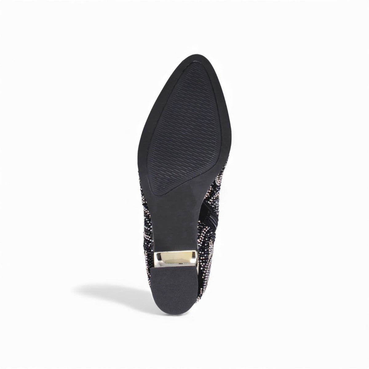 Django & Juliette black suede ankle boots with rhinestone paisley patterns and metallic block heels. Photo of bottom view.