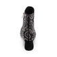 Django & Juliette black suede ankle boots with rhinestone paisley patterns and metallic block heels. Photo of back view.