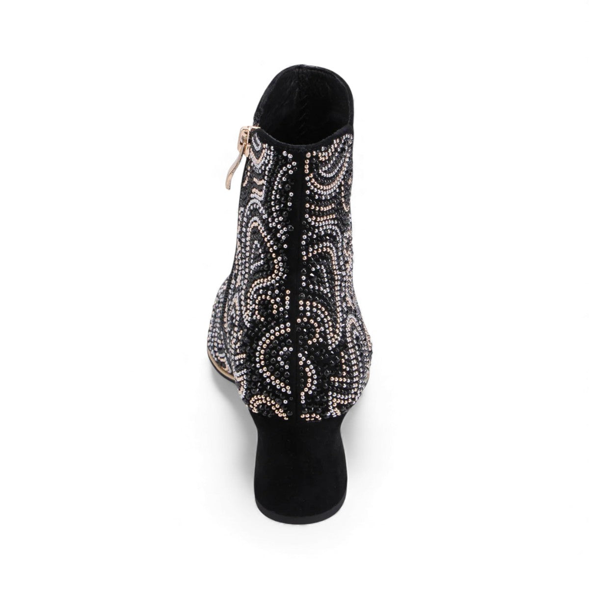 Django & Juliette black suede ankle boots with rhinestone paisley patterns and metallic block heels. Photo of back view.