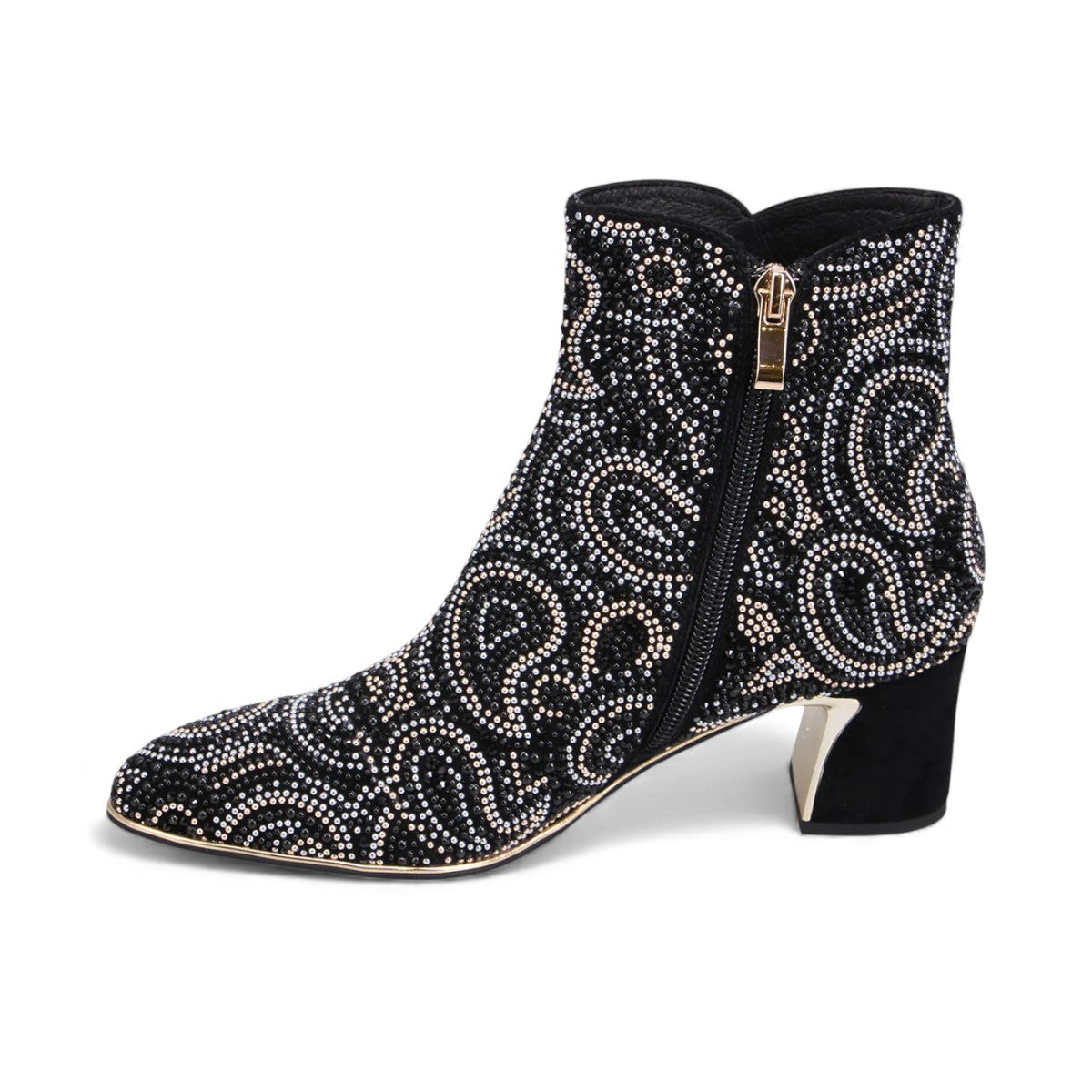 Django & Juliette black suede ankle boots with rhinestone paisley patterns and metallic block heels. Photo of left side view.