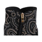 Django & Juliette black suede ankle boots with rhinestone paisley patterns and metallic block heels. Photo of the zipper.