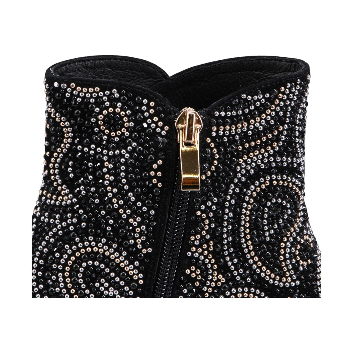 Django & Juliette black suede ankle boots with rhinestone paisley patterns and metallic block heels. Photo of the zipper.