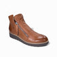 DJANGO & JULIETTE brown leather ankle bootie with twin-zip fastening and sporty rubber foam sole. Photo of front side view.
