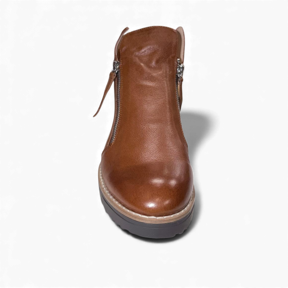 DJANGO & JULIETTE brown leather ankle bootie with twin-zip fastening and sporty rubber foam sole. Photo of front view.