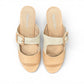 Django & Juliette Conrade camel and almond leather heeled mule sandals with a decorative buckle. Photo of upper view.