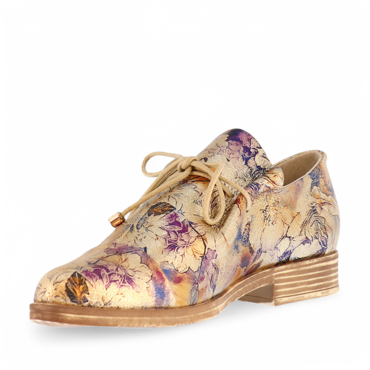 Django & Juliette Kotty gold leather loafers with vintage floral print and adjustable lace-up detail. Photo of front side view 1.