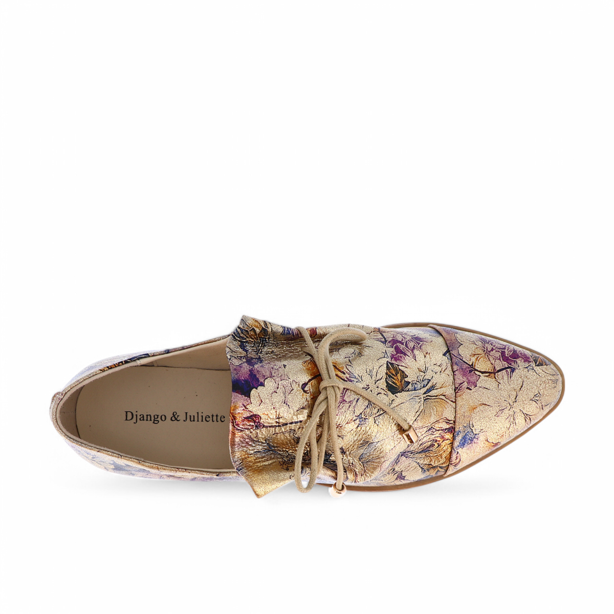 Django & Juliette Kotty gold leather loafers with vintage floral print and adjustable lace-up detail. Photo of upper view.