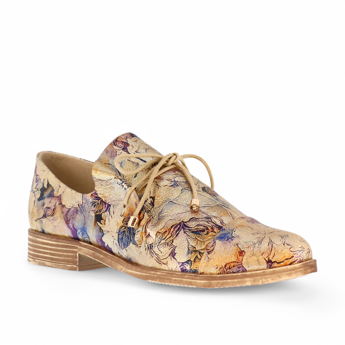 Django & Juliette Kotty gold leather loafers with vintage floral print and adjustable lace-up detail. Photo of front side view 2.