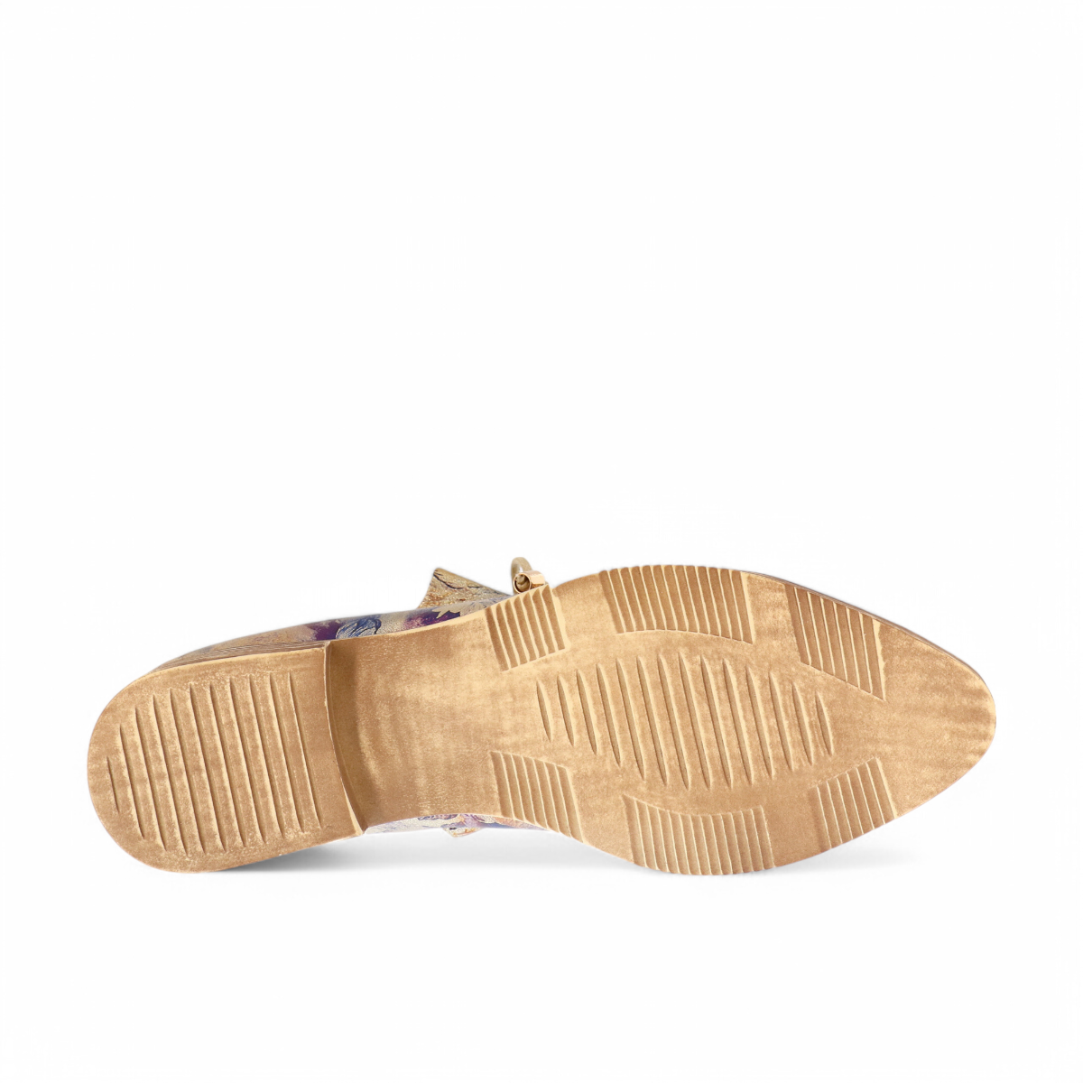 Django & Juliette Kotty gold leather loafers with vintage floral print and adjustable lace-up detail. Photo of bottom view.