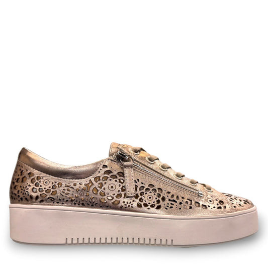Django & Juliette Leitha platino laser-cut leather platform sneakers with side zipper and lace-up front. Photo of right side view.