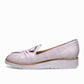 DJANGO & JULIETTE lilac leather platform loafers with a sporty rubber wedge sole and slip-on design. Photo of left side view.