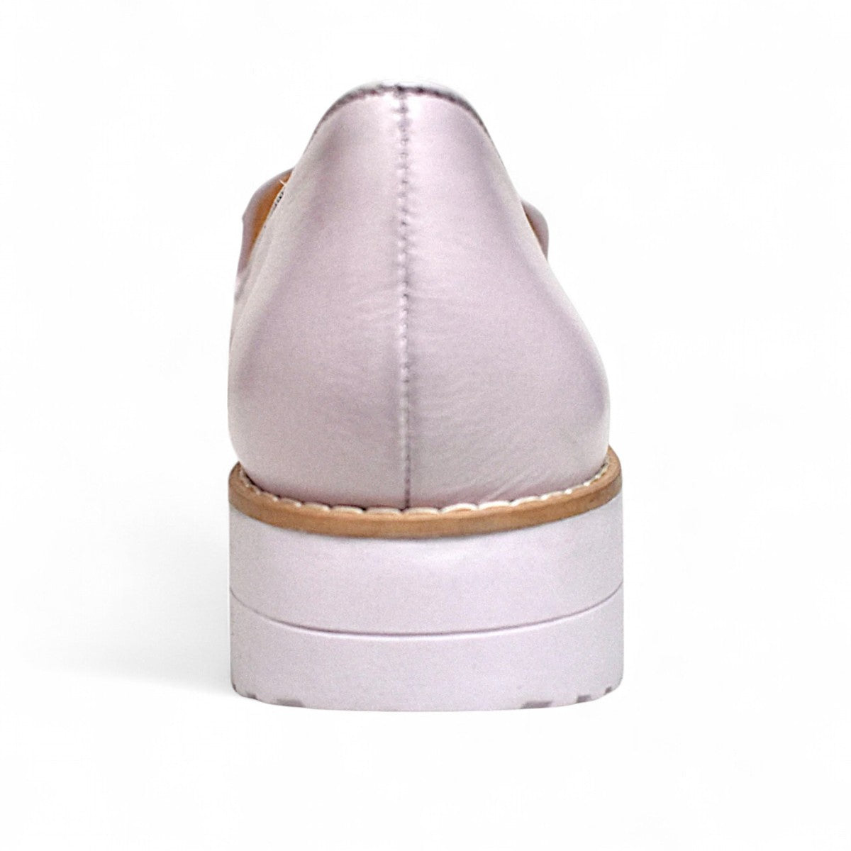DJANGO & JULIETTE lilac leather platform loafers with a sporty rubber wedge sole and slip-on design. Photo of back view.