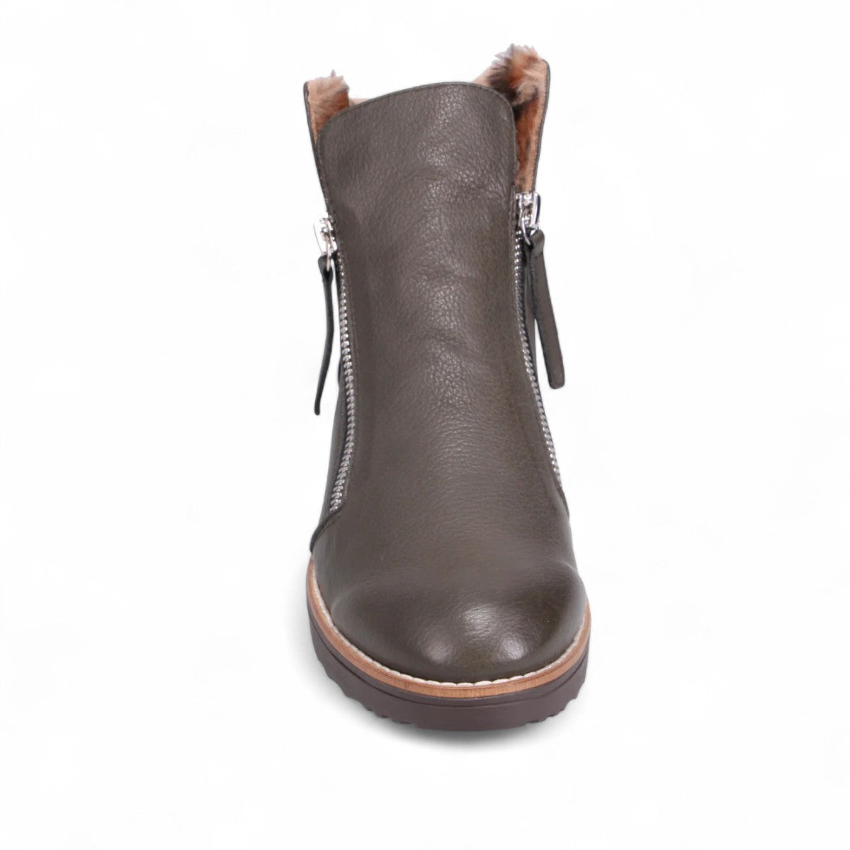 DJANGO & JULIETTE Opal olive leather flatform bootie with side zipper and leopard print faux fur lining. Photo of front view.