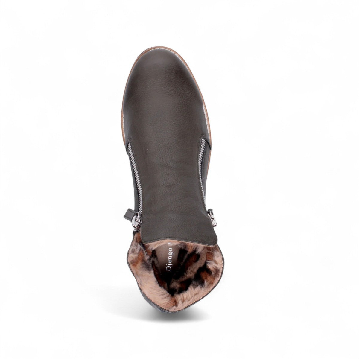 DJANGO & JULIETTE Opal olive leather flatform bootie with side zipper and leopard print faux fur lining. Photo of sole.