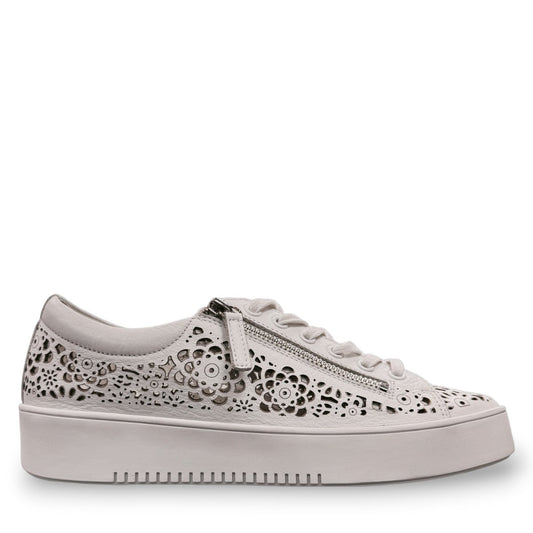 Django & Juliette Leitha white leather platform sneakers with laser-cut floral patterns and side zipper. Photo of right side view.