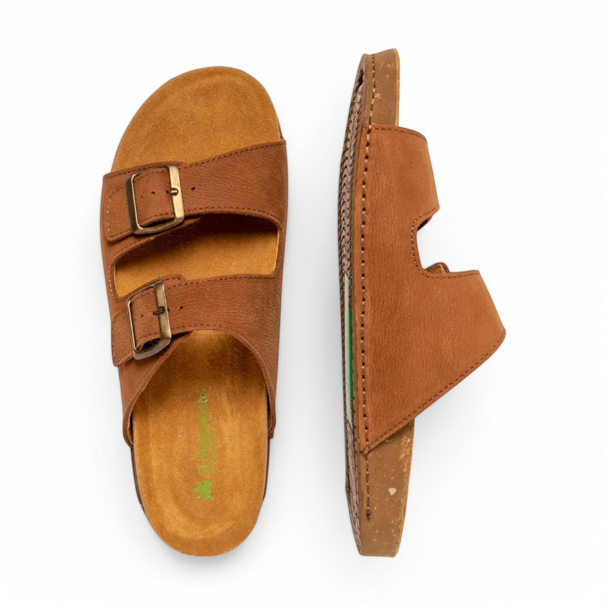 El Naturalista Balance Sion Wood brown suede double-strap slide sandals with bronze buckles