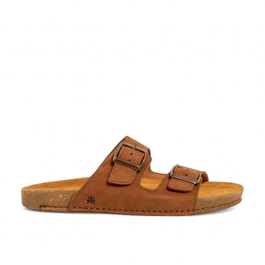 El Naturalista Balance Sion Wood brown suede double-strap slide sandals with bronze buckles