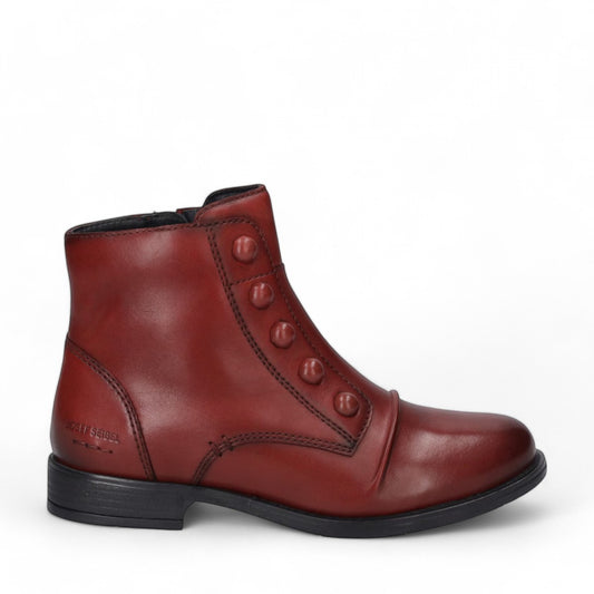 Josef Seibel Simona 04 red leather ankle boots with decorative front buttons and low stacked heel.
photo of the right side.