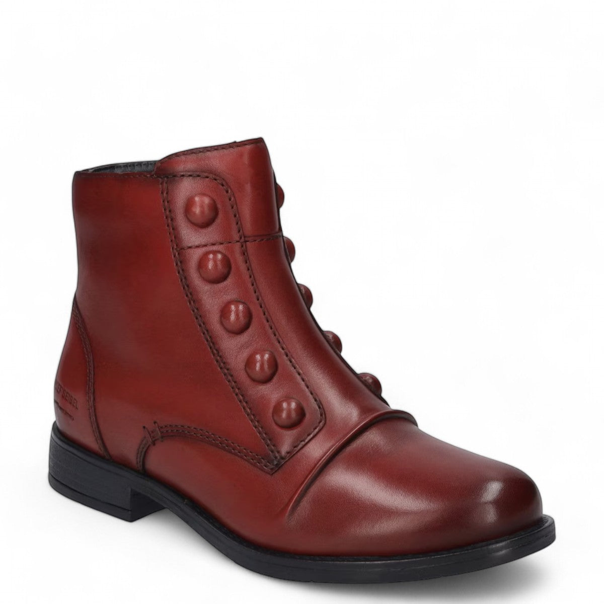Josef Seibel Simona 04 red leather ankle boots with decorative front buttons and low stacked heel.
photo of the front.