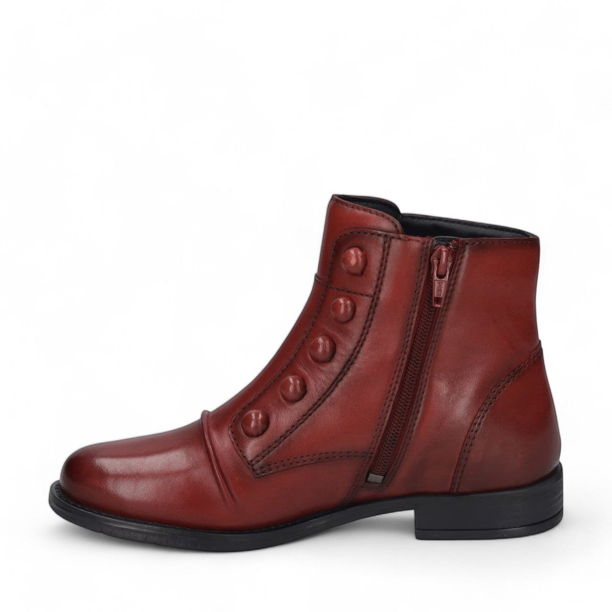 Josef Seibel Simona 04 red leather ankle boots with decorative front buttons and low stacked heel.
photo of the left side.