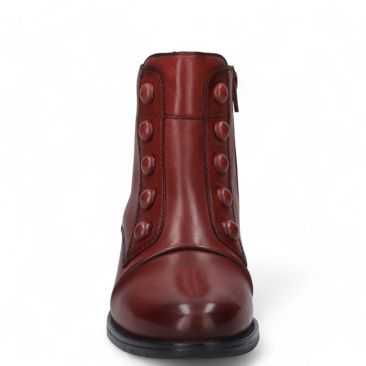 Josef Seibel Simona 04 red leather ankle boots with decorative front buttons and low stacked heel.
photo of the front.
