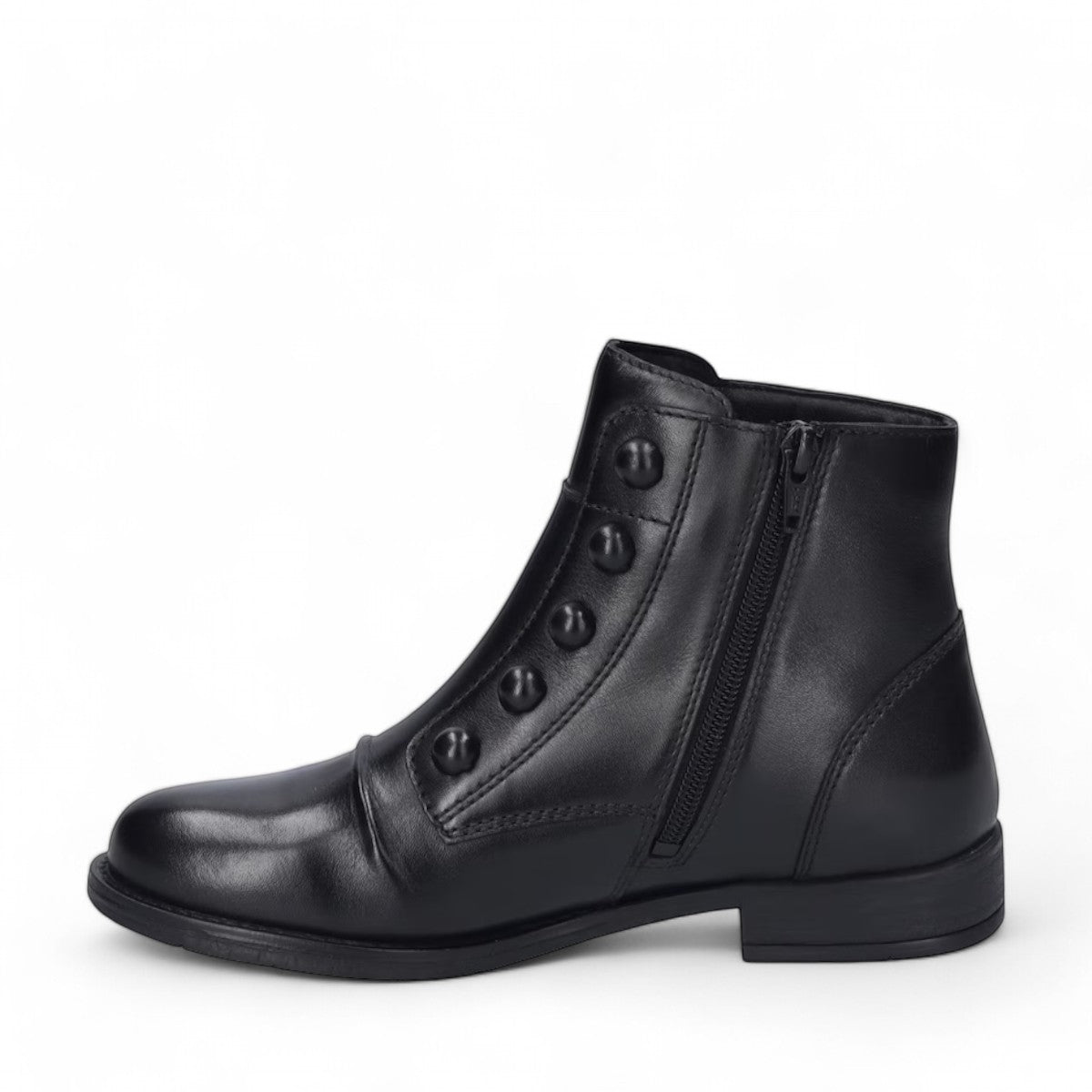 JOSEF SEIBEL SIMONA 04 black leather ankle boots with front button closure and low stacked heel.
photo of the left side