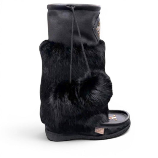 Laurentian Chief Imperial 16-inch black leather boots with fur trim and decorative beadwork