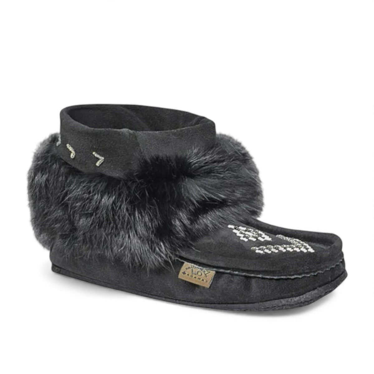 Laurentian Chief Nuka black suede moccasins with faux fur lining and traditional beaded vamp design