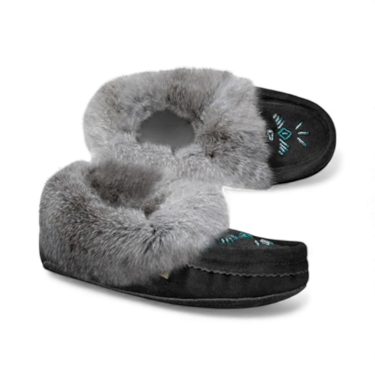 Laurentian Chief black suede moccasins with grey rabbit fur trim and intricate teal beaded vamp design