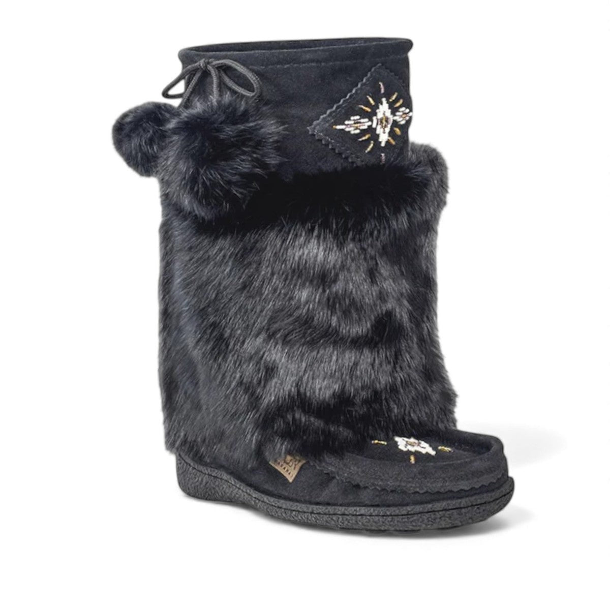 Laurentian Chief Imperial 16-inch black suede moccasin boots with faux fur trim and beaded embroidery.