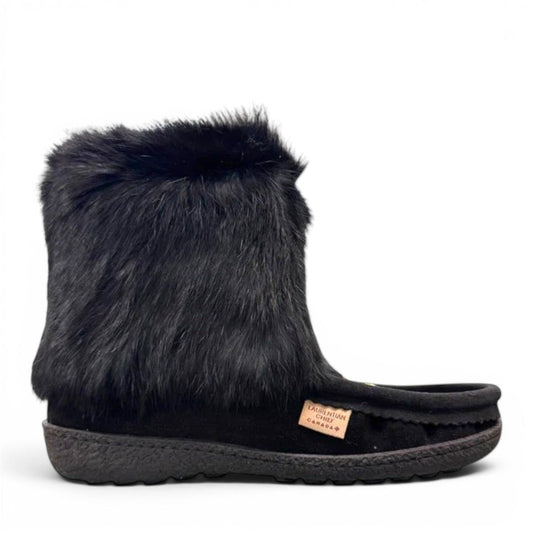 Laurentian Chief black waterproof suede mukluk with natural rabbit fur trim and durable crepe sole