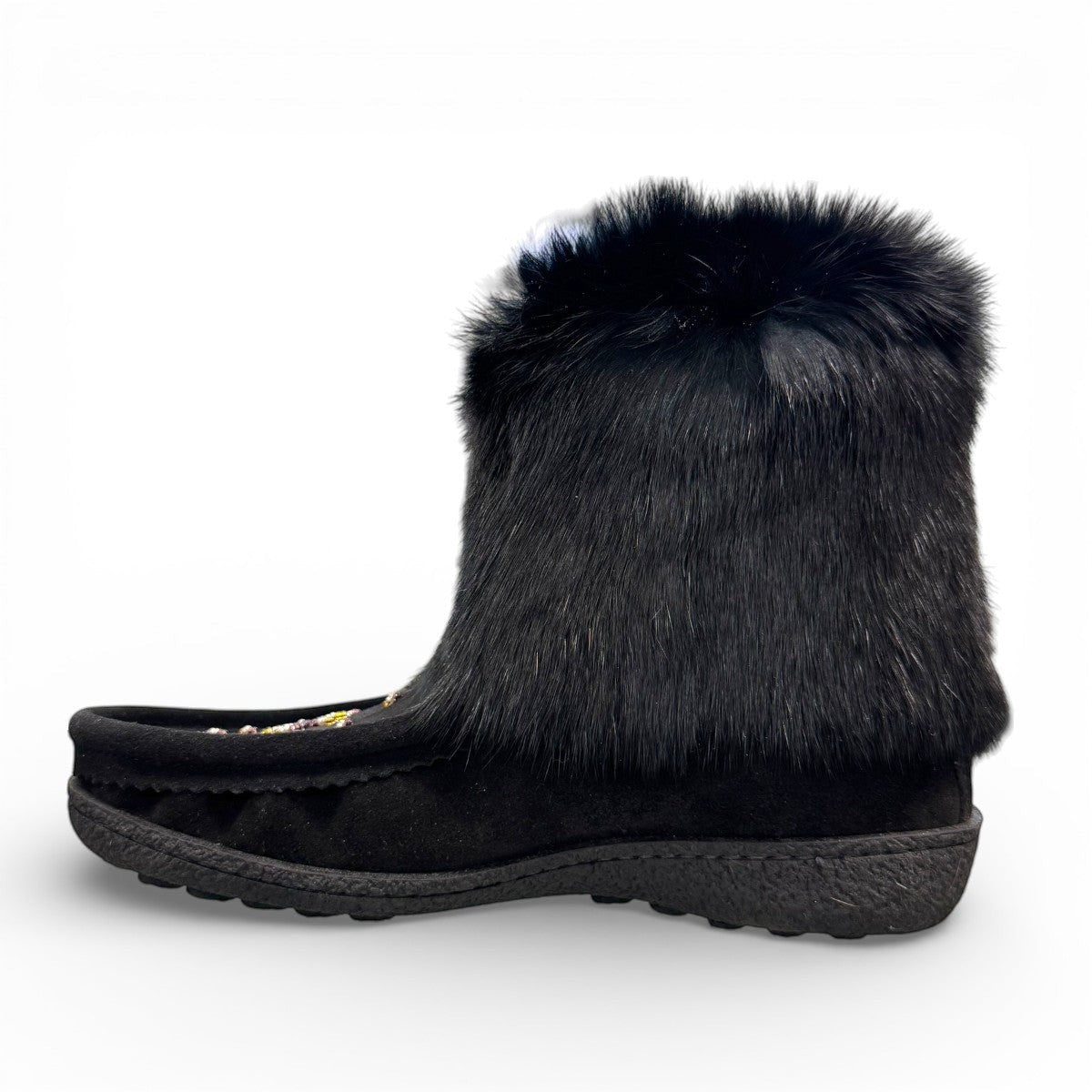 Laurentian Chief black waterproof suede mukluk with natural rabbit fur trim and durable crepe sole