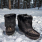 Laurentian Chief black waterproof suede mukluk with natural rabbit fur trim and durable crepe sole