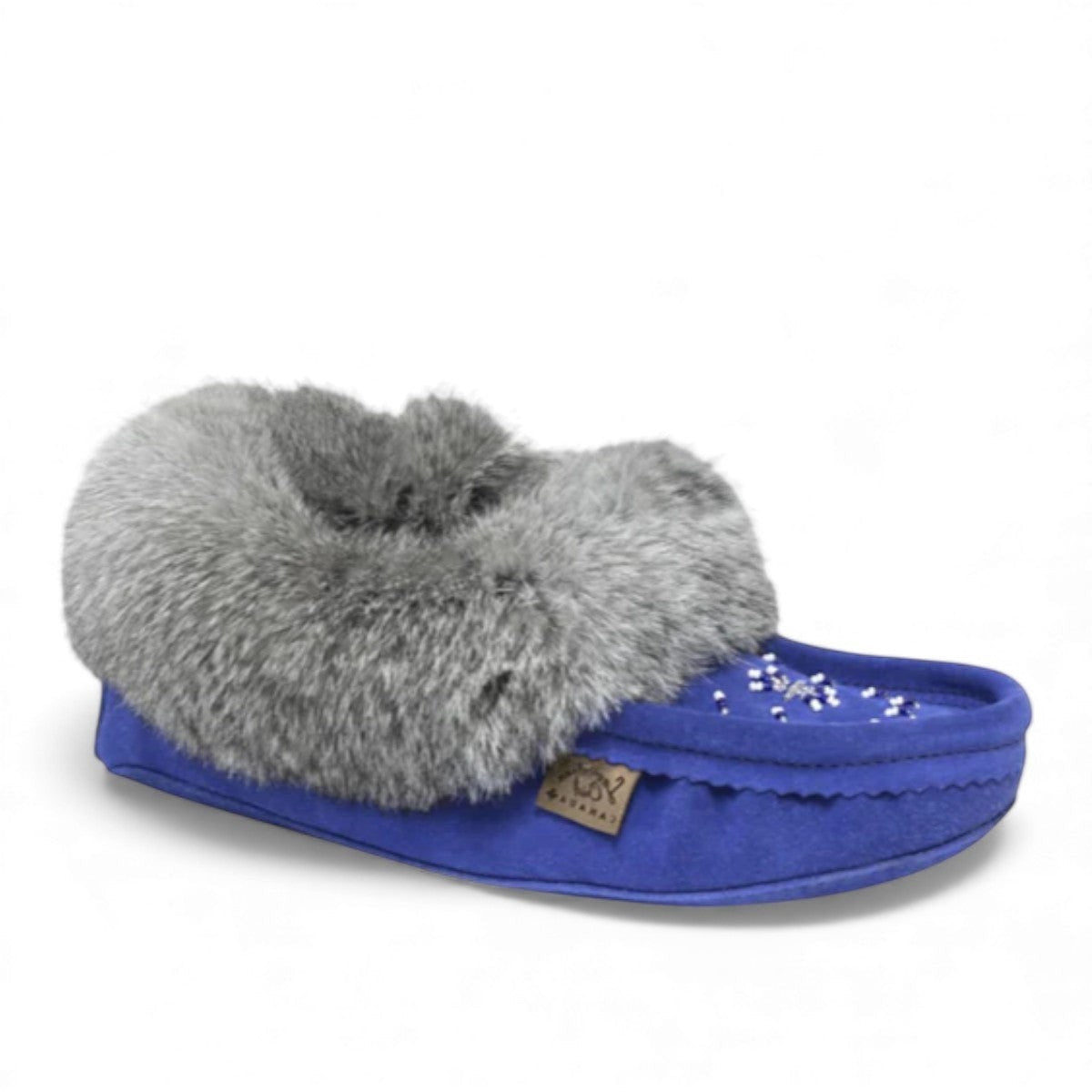 Laurentian Chief blue suede moccasins with grey rabbit fur trim and intricate beadwork