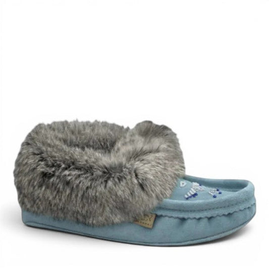 Laurentian Chief light blue suede moccasin slippers with grey rabbit fur trim and beaded vamp detail