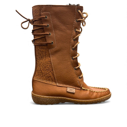 Laurentian Chief mukluk boots in cognac moose hide leather with lace-up front and moccasin stitching.
