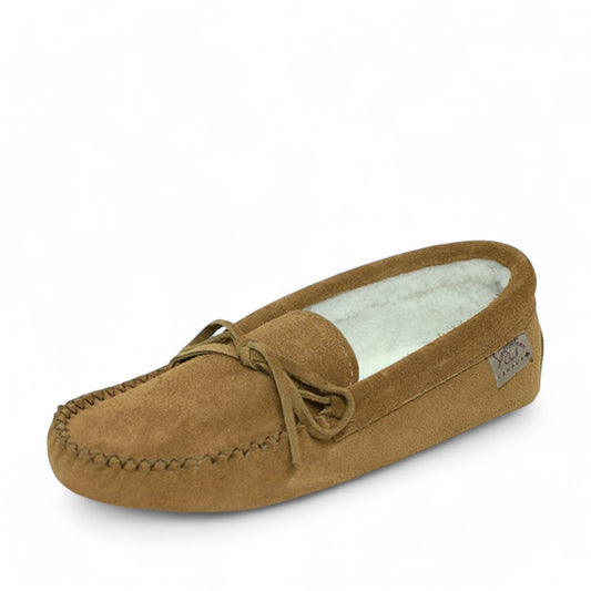 Laurentian Chief dark tan suede moccasins with shearling lining and decorative lacing detail